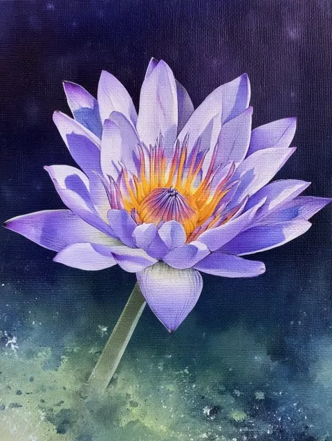 The purple Nymphaea has a sparse composition, with deep and light tones contrasting each other
