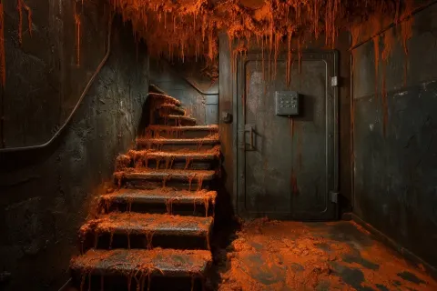 In a dark, abandoned, ruined 1940s underground space