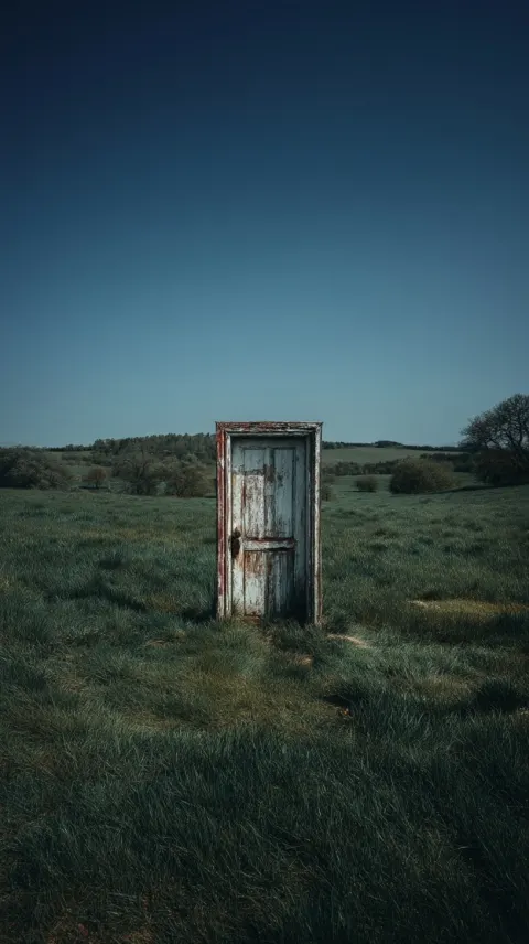 Close Photograph of a single door standing in a sunny green meadow, mystical