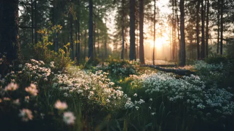 Cinematic wide landscape of a forest clearing at sunset, the sun low behind the trees