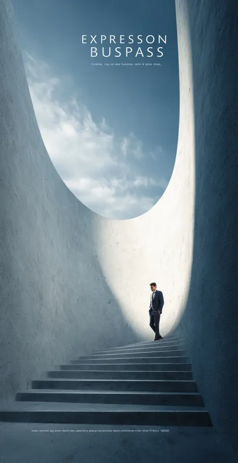 A poster for "expression of business space," featuring an architectural scene with curved staircases