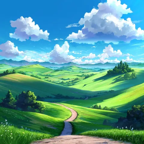 Fantasy anime concept art, rolling green hills in distance, vibrant bright colors, soft lighting