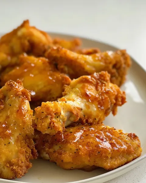 Resolution: 8K, shot with an iPhone 17 Pro Max of crispy golden chicken wings with a light crunchy c