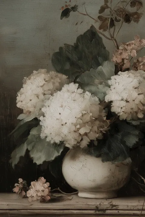 White hydrangeas in a white vase, soft gray background, oil painting, neutral tones