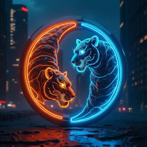 Cybernetic Tiger Yin Yang Glowing Neon Emblem