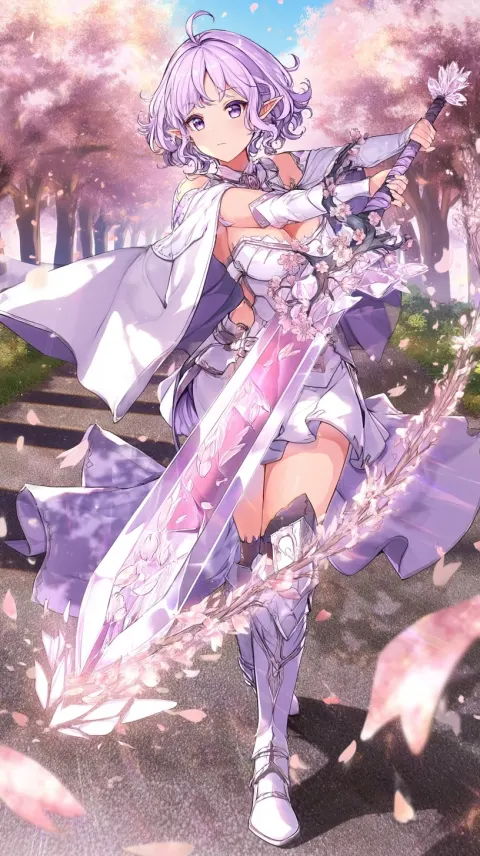 Adult elf girl warrior, Ren, short wavy purple hair, soft violet eyes, pointed ears