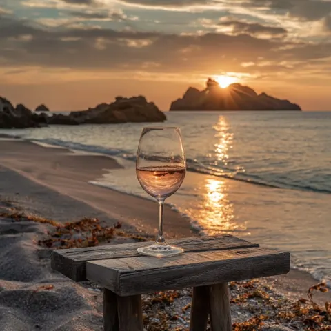A glass of wine on the beach on a small table