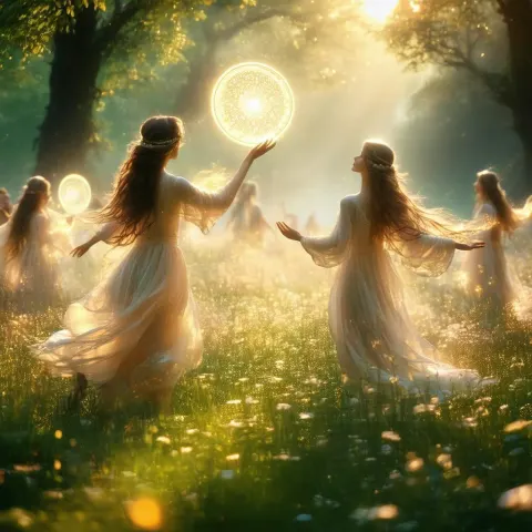 Ethereal Beings Tossing a Glowing Meadow Disc