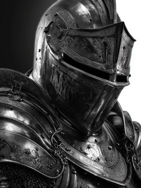 A knight in black and white, wearing full plate armor with a helmet, photorealistic
