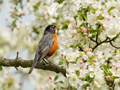 Take a professional photographic image of a flowering apple tree with a American red robin perch on