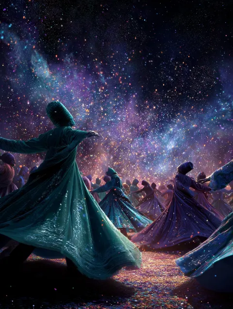 Vibrant Sufi mystic dance scene, multiple semazens spinning in circle under star-filled night sky