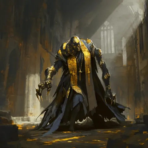 A pale, thin disfigured humanoid wearing tattered choral robes. her skin is wrinkled and covered in