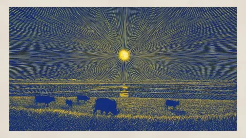 Woodblock print, retro woodblock style, deep blue hues background with yellow lines
