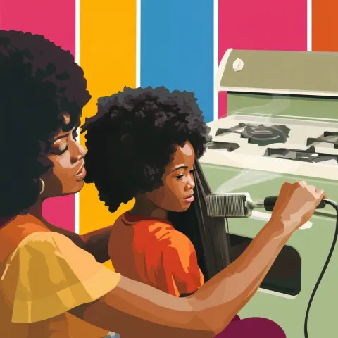 Young beautiful Black girl getting her hair pressed with an old fashion metal hot comb by her Mom