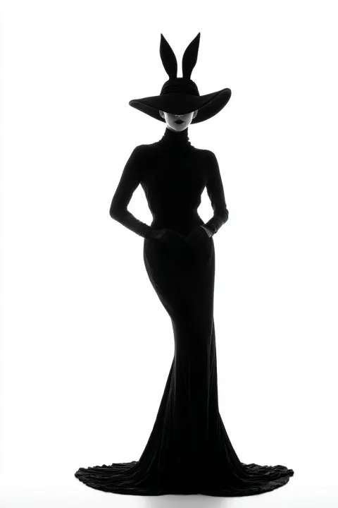 A full-body view of an elegant woman wearing black long gloves