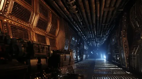 A highly detailed photorealistic film still of a long narrow industrial spaceship corridor interior