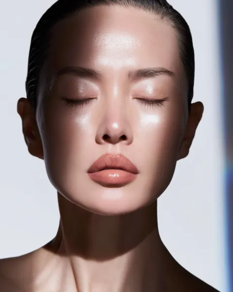 A hyper-realistic close-up portrait of an East Asian 45 years old female model with flawless porcela