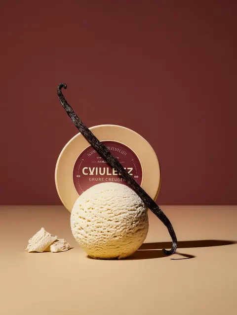 Minimalist food editorial, vanilla ice cream scoop on surface, vanilla bean resting on top