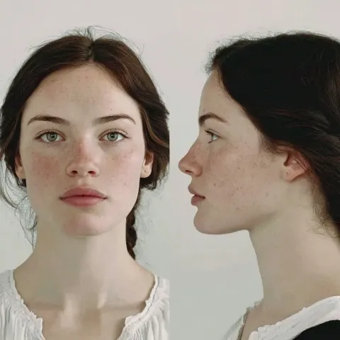 A photo of a girl from two angles (like in documents): straight ahead and in profile
