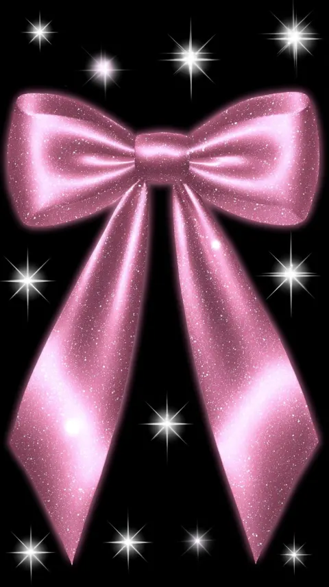 A pink bow with glitter, in a clipart style, on a black background, with stars in the sky
