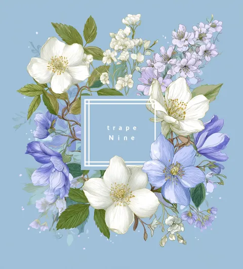 A square label with an illustration of white and blue flowers on the edges