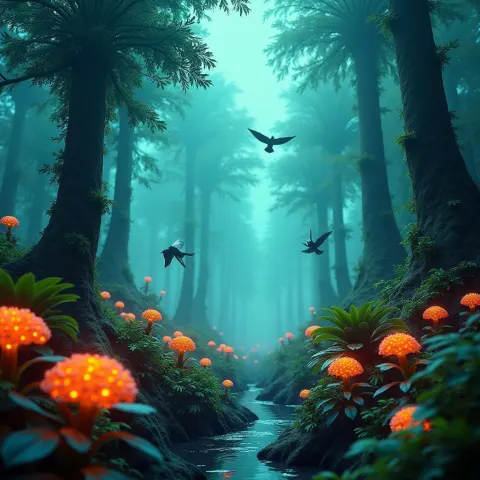 Bioluminescent Alien Forest Under a Teal Sky