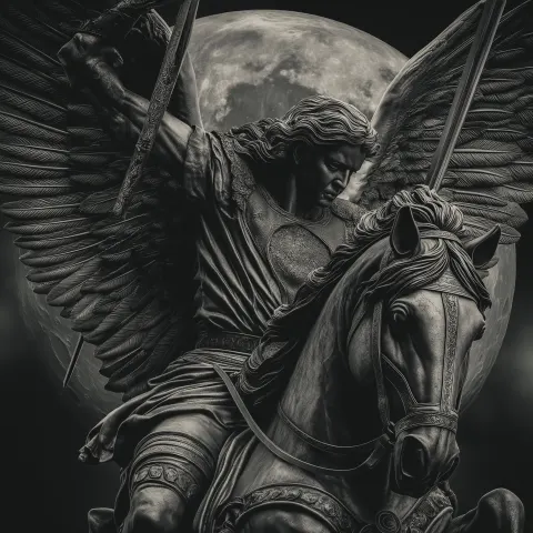 A dark and detailed sculpture of the archangel michael riding on horseback