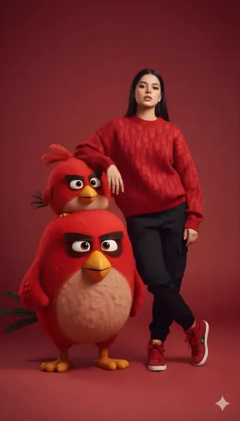 Playful Red Fashion Editorial with Angry Birds
