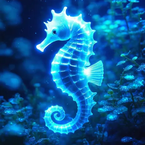 Neon Seahorse Gliding Through Electric Blue Depths