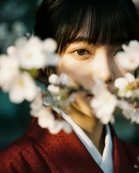 Wabi-Sabi Kimono Portrait Through Blossoms