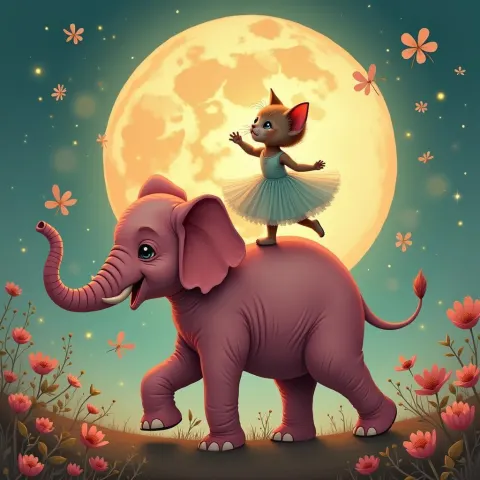 Pink Elephant and Tutu Kitten Moon Dance