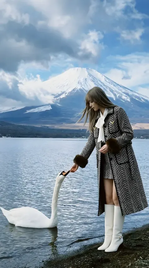 Feeding Swan by Mount Fuji Lake