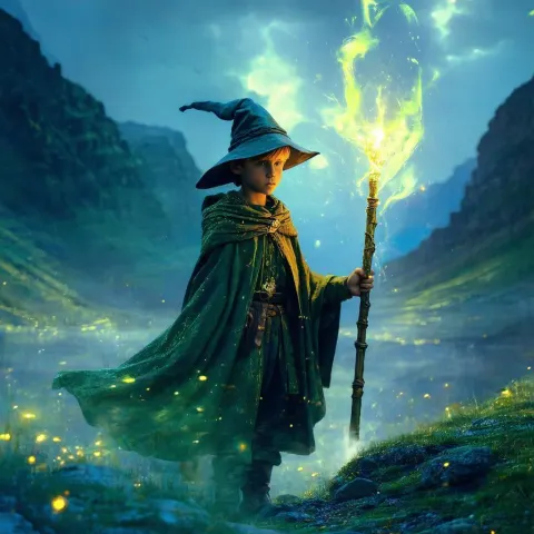 Noble Wizard Boy With a Glowing Staff