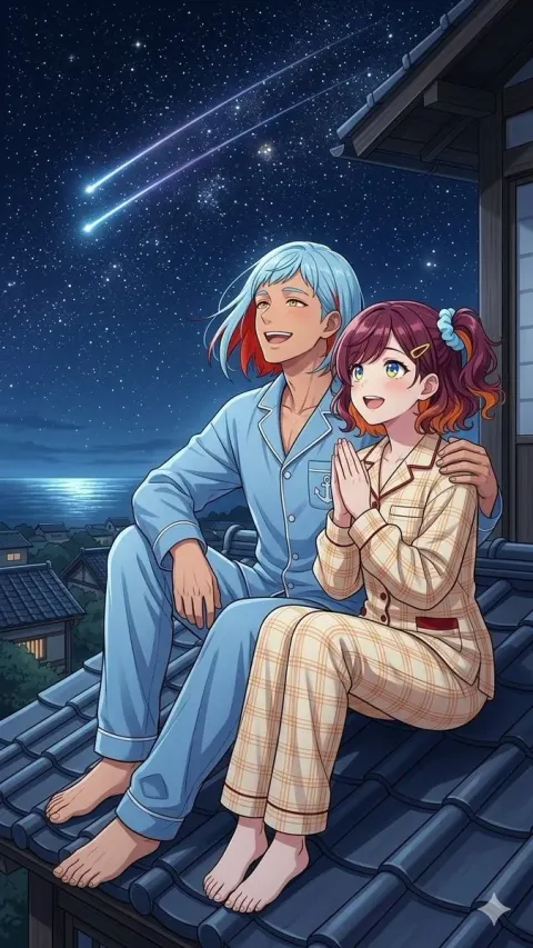 Anime Rooftop Stargazing Couple