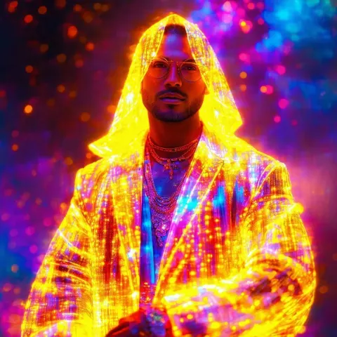 Glowing Painted Man in a Mystical Realm