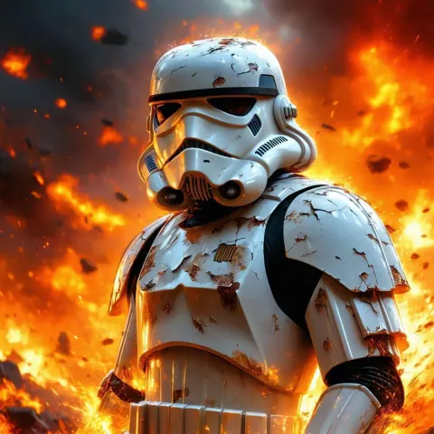 Battle Scarred Anime Stormtrooper Amid Fiery Explosions