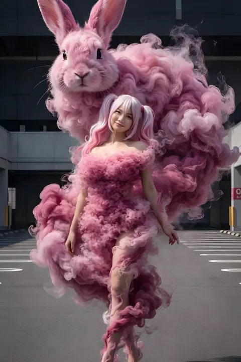 Smoke Pink Dress Girl and Giant Rabbit