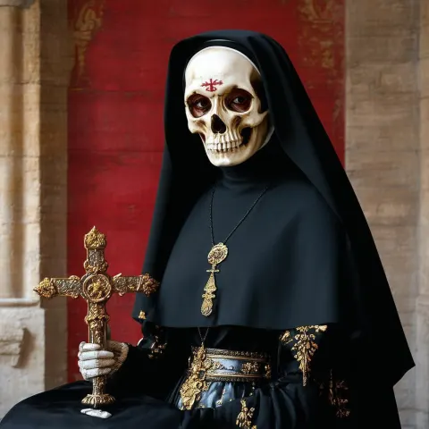 Skull Helmed Gothic Nun in Red and Gold