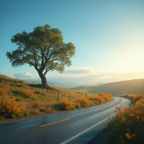 Winding Road and Lone Tree at Golden Hour