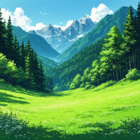 Vast Manga Meadow Framed by Forests and Peaks
