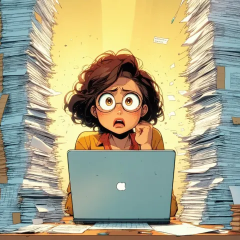 Confused Manga Bookkeeper Buried in Paper Stacks