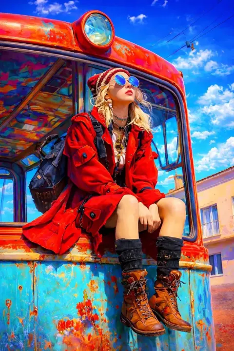 Vintage Bus Red Trench Girl