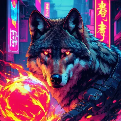 Fire Casting Dark Wolf Amid Cyberpunk Neon