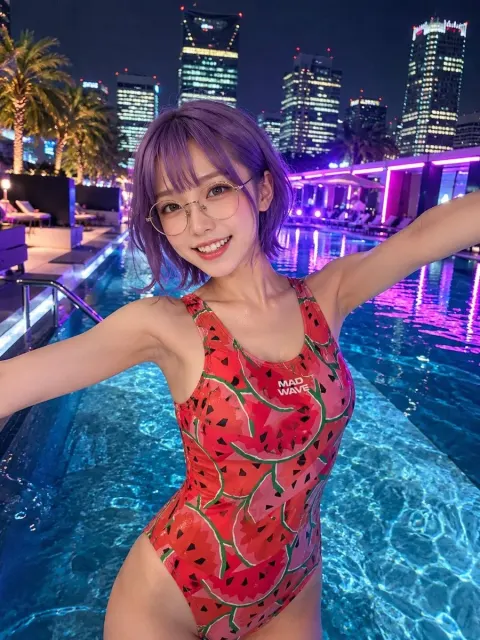 Neon Rooftop Pool Selfie