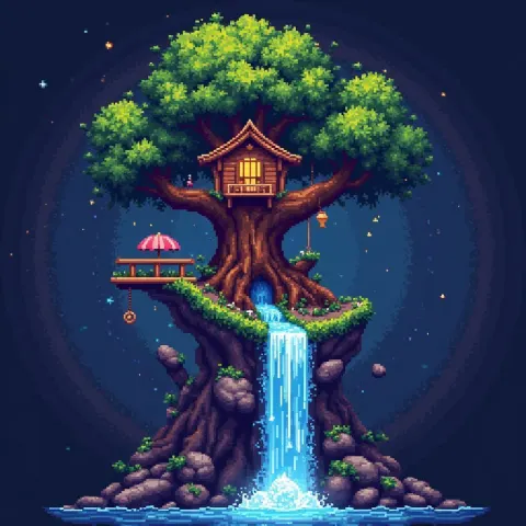 Pixel Treehouse in a Neon Blue Pink Tree