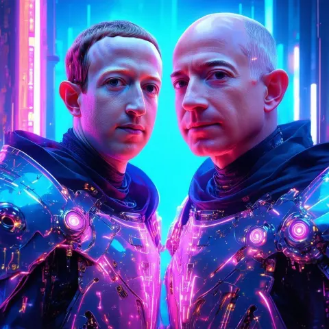 Zuckerberg and Bezos in Neon Medieval Armor