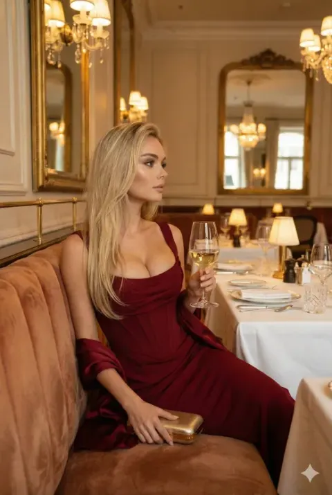 Crimson Dress Girl with White Wine