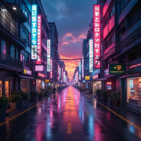 Japanese Neon Road Aglow at Golden Hour