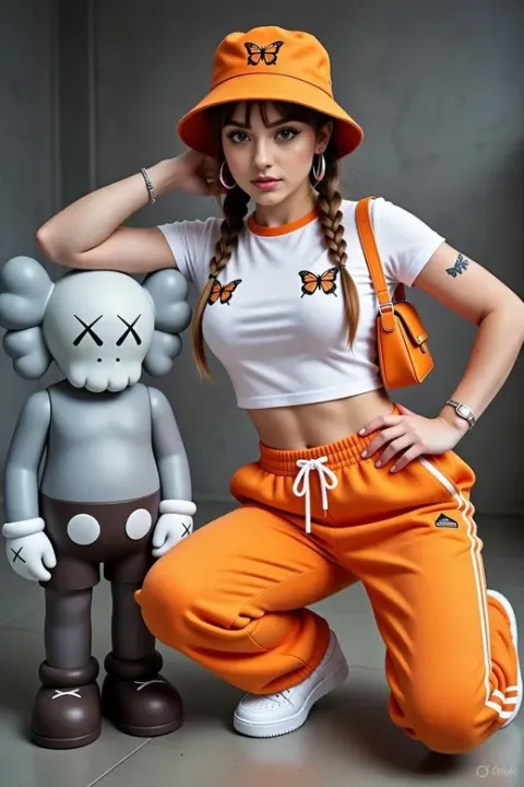 Woman Standing Next to a KAWS-Style Art Sculpture
