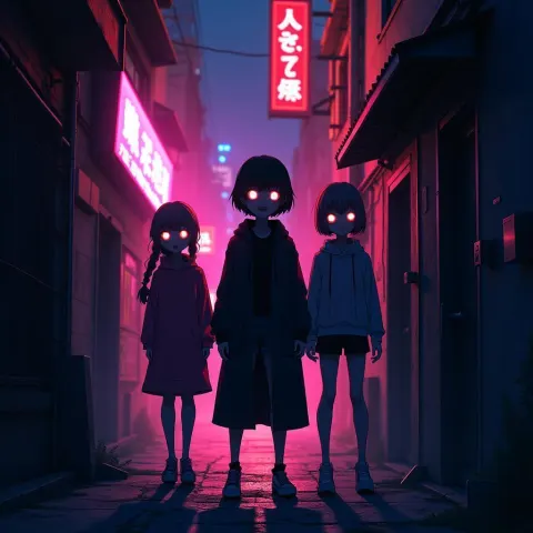 Shadowy Figures Haunting a Neon Anime Alley